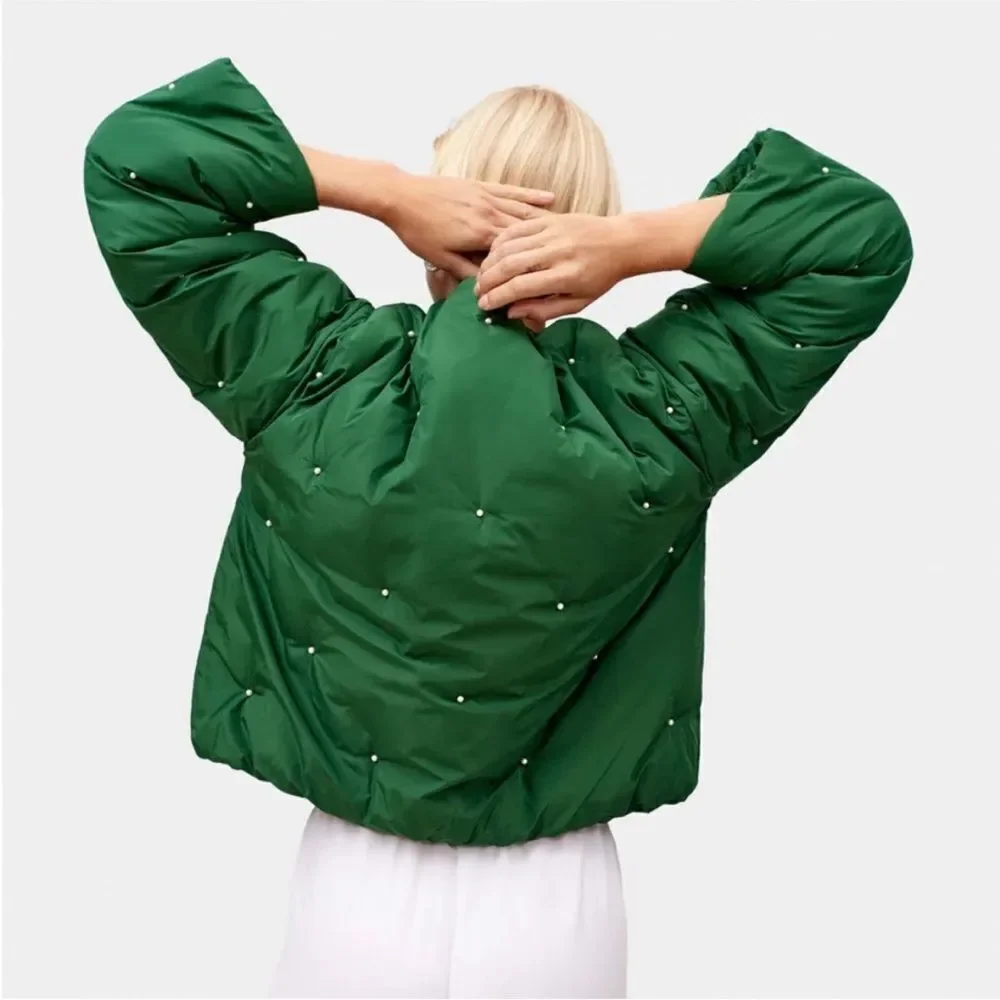 NWT SLEEPER Puffer Jacket in Green with Pearl Details Size L/XL NWT $450